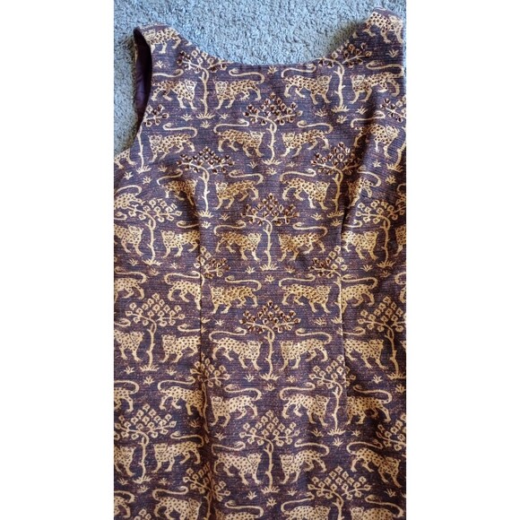 Maggie London VTG sheath jacquard dress Sz 4 brown gold  leopard print cotton - Picture 2 of 6